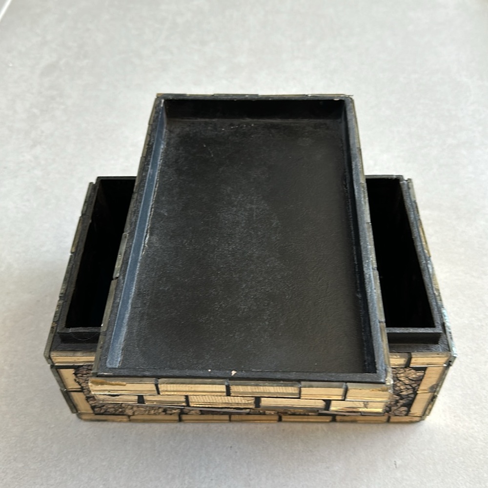 Mosaic Decorative Storage Box Gold Tones Black Lacquer On The Inside 8.5”x5”x4” - Picture 5 of 6